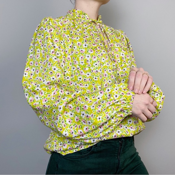 Cupcakes & Cashmere Lime Green Floral Ruffle Neck Tie Blouse - Picture 2 of 11